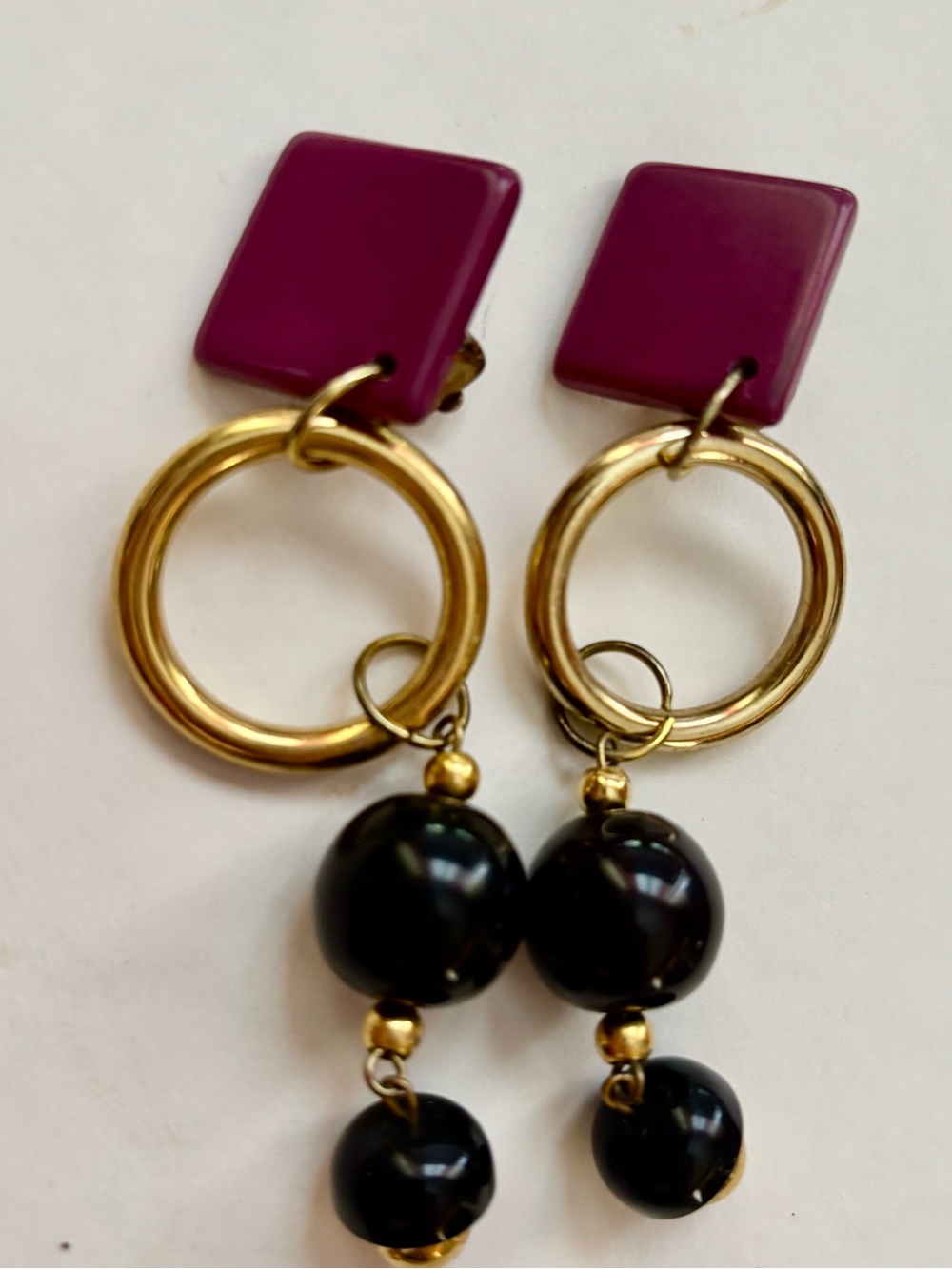 Golden Hoop Drop Earrings with Plum Square Accent and Black Beads